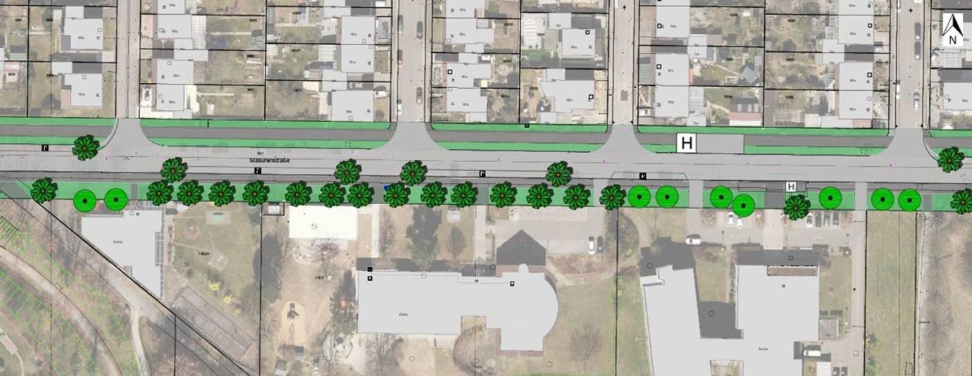 Der Ausschnitt aus dem Gestaltungsplan zeigt, wie ein Teil der Masurenstraße nach der Entsiegelung aussehen könnte. Der Ausschnitt aus dem Gestaltungsplan zeigt, wie ein Teil der Masurenstraße nach der Entsiegelung aussehen könnte.